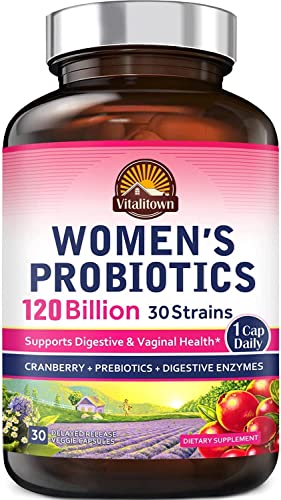 Blanca Probióticos para mujer Vitalitown Con prebióticos, enzimas digestivas y arándanos Vegano y sin OMG 30 cápsulas vegetales 30 cepas