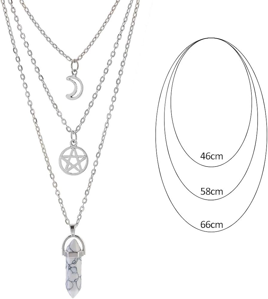 MJartoria Moon Pentagram Necklace Pentacle Chakra Charm Pendant Multi Layer Alloy Chain Choker Necklace Set Gothic Jewelry (Silver star hexagonal column-3pcs): Clothing