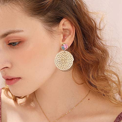 MOLOCH Rattan Earrings Handmade Lightweight Straw Wicker Braid Woven Drop Dangle Earrings Acrylic Resin Disc Statement Stud Earring (Disk Floral)