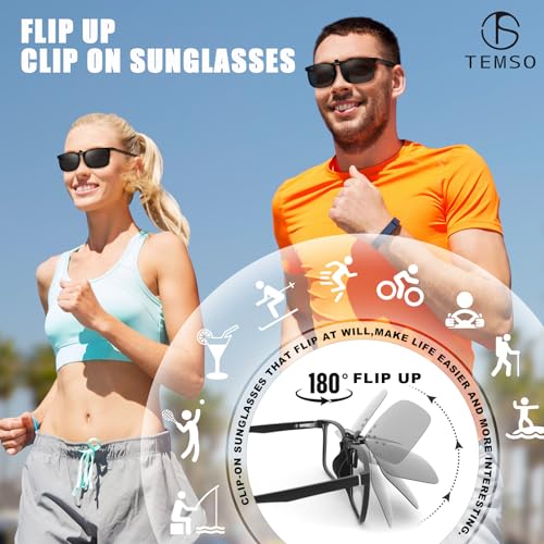 TEMSO Clip On Sunglasses Polarized Flip up Driving Glasses For Men Women,UV400 Protection|HD Vision|Anti Glare|Safe Driving