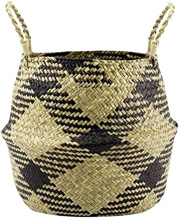 SZETOSY Natural Seagrass Basket - GOODCHANCEUK Seagrass Belly Basket Hand Woven Storage Basket With Handle Toys Laundry Basket Flower Planter Black Square Style#6 38CMx36CM
