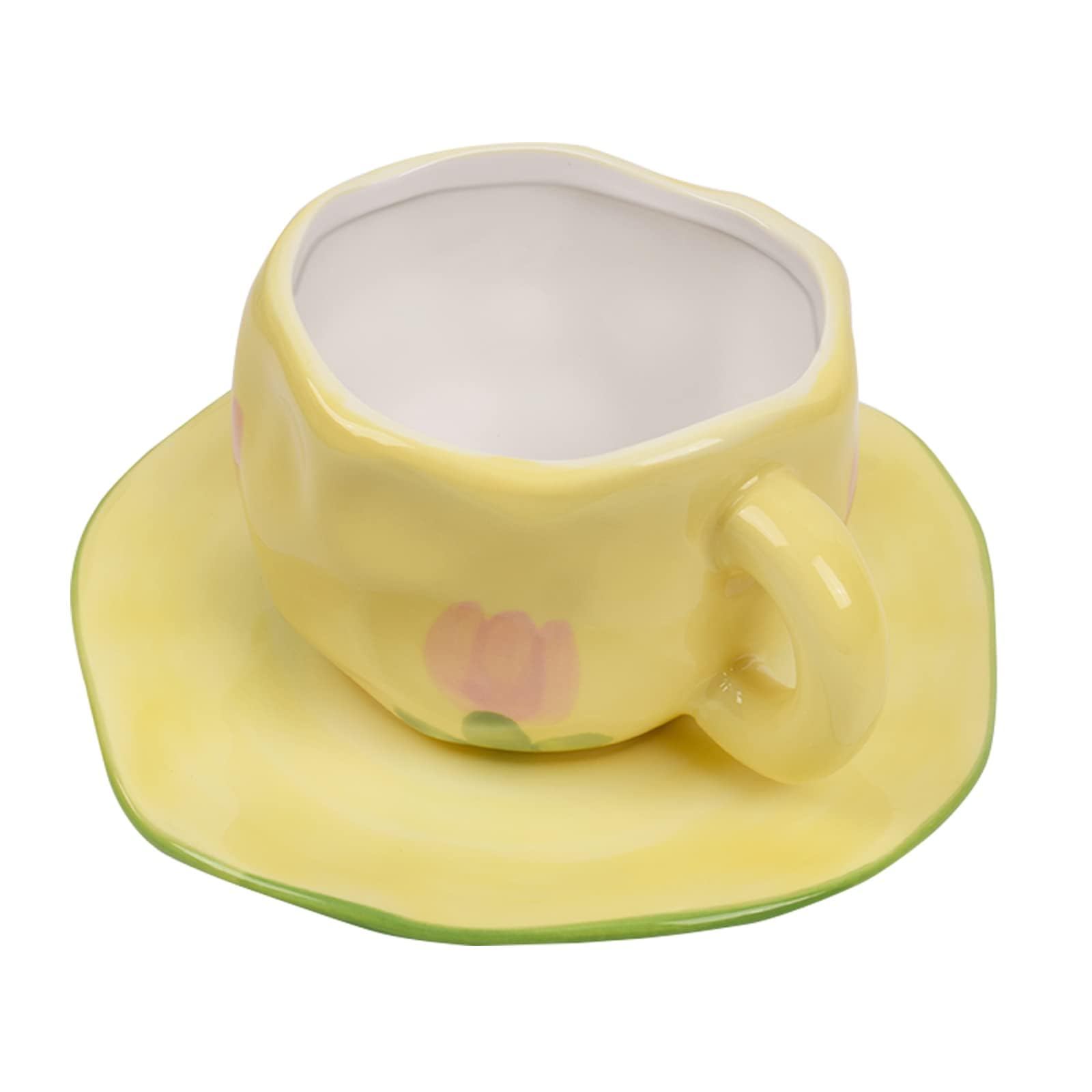 Koythin Ceramic Coffee Mug, Tulip Mug Cup for Women with Saucer for Office and Home, Dishwasher and Microwave Safe, 10 oz/300 ml for Latte Tea Milk (Tulip Flower)