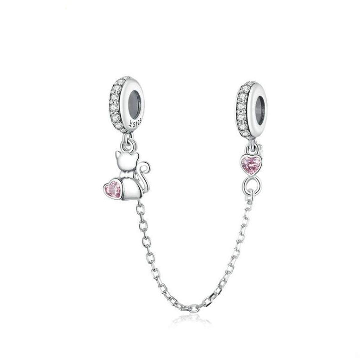 ZiNuo Charm Beads Love Heart Safety Chain 925 Sterling Silver Clip Lock Stopper Beads Safety Chain for Pandora Charm Bracelet DIY Jewelry (Cat Charm)