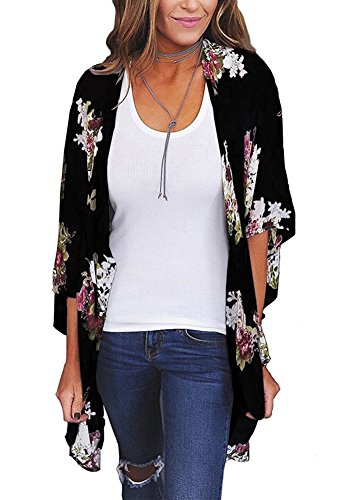 Black Summer Tops Cardigan for Women Casual Loose Flower Print Sexy Beach Bikini Cover Up Size M - Thumbnail 4