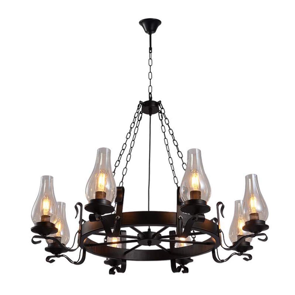 Vintage Antique Black Chandelier Metal Wagon Wheel Chimney Glass