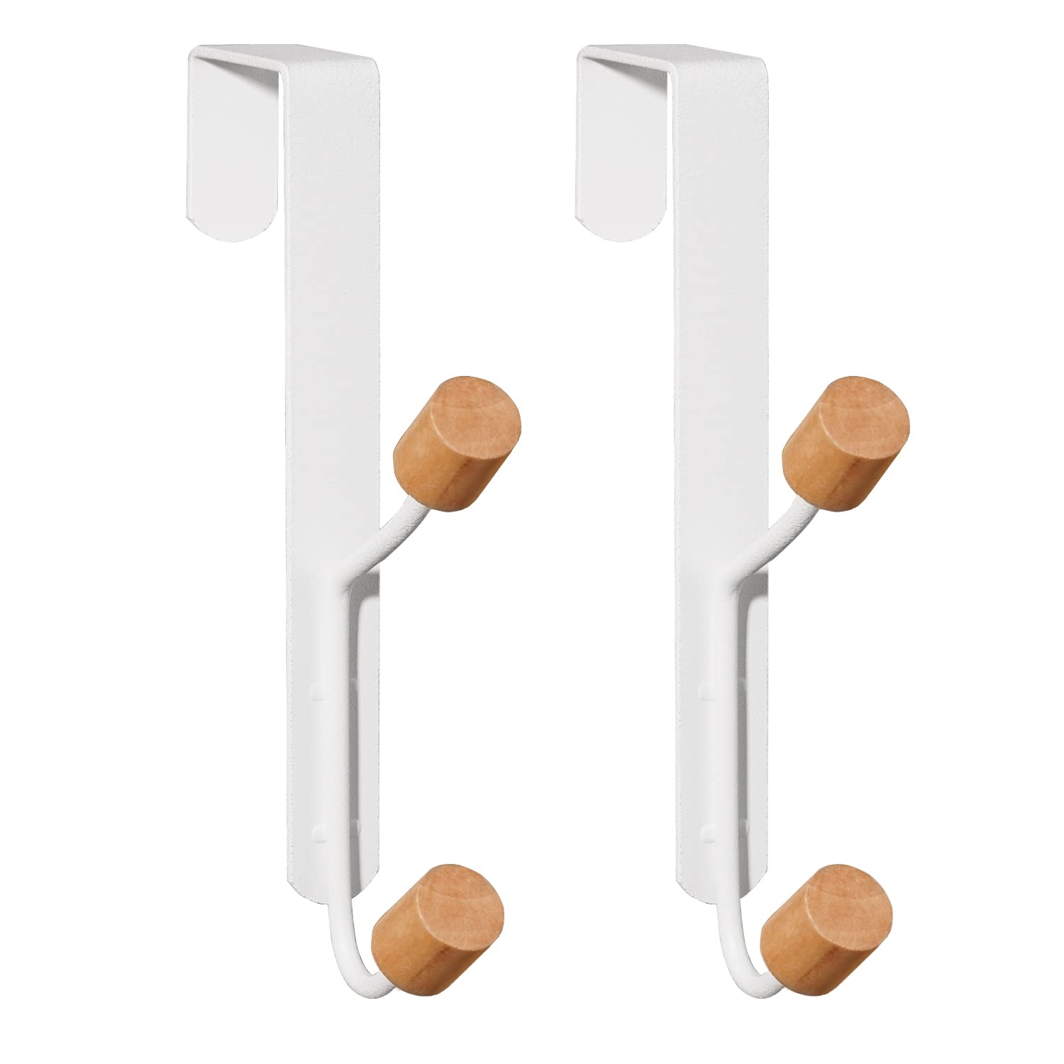 HYMIKO Over The Door Hooks, 2 Packs Sturdy Metal Wooden Organizer Rack for Hanging Coats, Hats, Robes, Towels - Bathroom Bedroom Hangers - White
