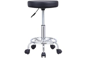 KKTONER PU Leather Round Rolling Stool with Foot Rest Swivel Height Adjustment Spa Drafting Salon Tattoo Work Office Massage Stools Task Chair Cushion 14 inches (Black)