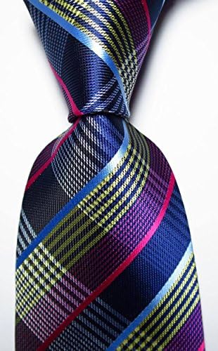 EXT Collectino 100% Silk Necktie Checked Blue Yellow White Red JACQUARD WOVEN Men Suits