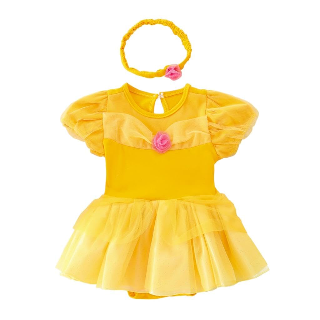 Lito Angels Baby Girls Princess Belle Costume Bodysuit Onesie Romper with Headband, Infant Fancy Dress Up Birthday Party Outfits, Age 0-3 Months