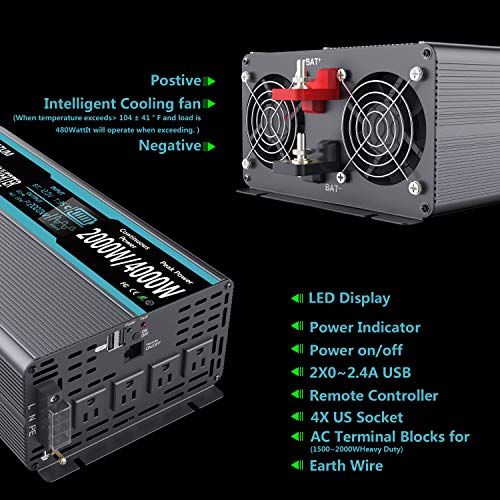 FLAMEZUM Pure Sine Wave Power Inverter 2000Watt 12V DC to 110V/120V
