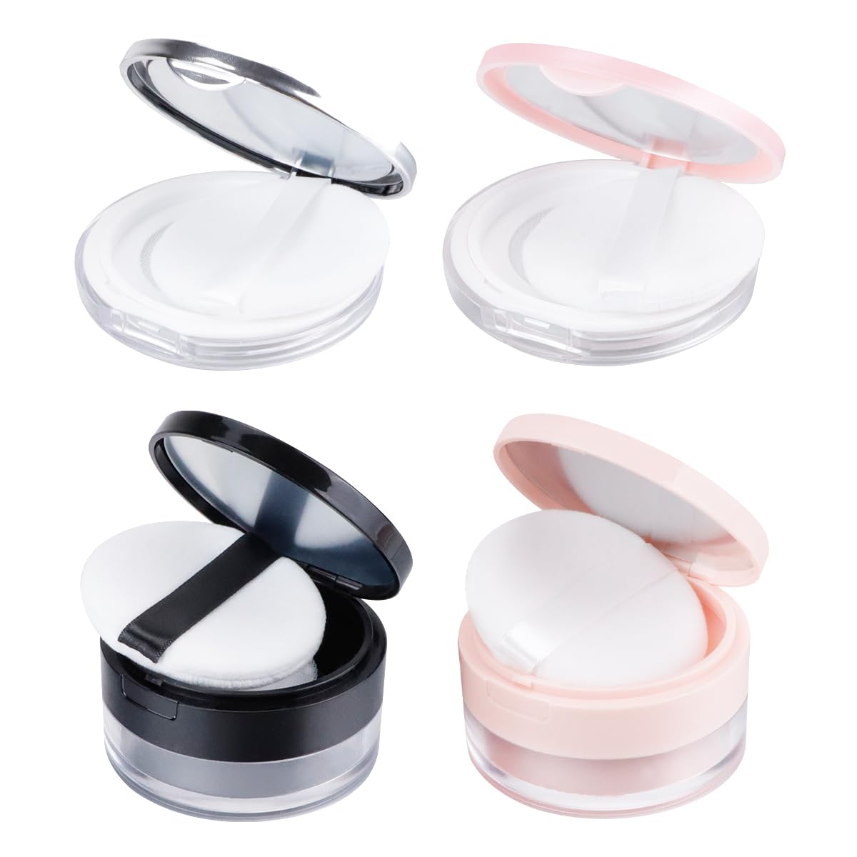 4Pcs Loose Powder Containers with 8 Puffs, BOJVESH 20g/5g Refillable Plastic Empty Powder Case Compact Container, Portable DIY Makeup Powder Case with Mirror Net Sifter Spoon for Daily Use, Travel