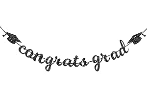 PHOTKEN Congrats Grad Banner Decorations - Hanging Glitter Graduation Banner with Cap Garland Sign Bunting for Class of 2024 Photo Backdrop, College High School Grad Party Supplies for Wall Decor (Black)