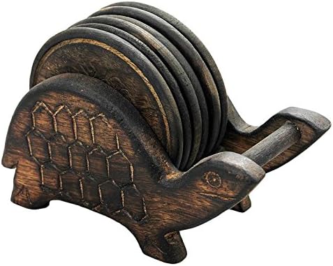 Gifts From India - Hand Carved Set of 6 Wooden Coasters in a Turtle Shaped Holder, Ideal for Home, office Bar Dinning Accessories Stand Size : 5.75"x2.5"x4" , Coaster Size : 3.25"x3.25"