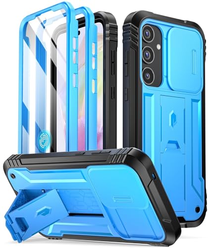 Poetic Revolution Case Compatible with Galaxy A35 5G, [Slide Camera Cover] [Screen Protector Works with Fingerprint ID] Military Grade Rugged Shockproof Phone Case with Kickstand, Light Blue