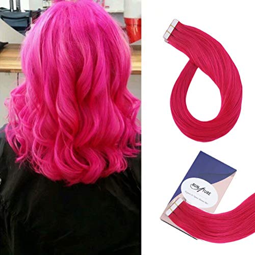 RUNATURE 12″ Tape in Hot Pink Hair Extensions Human Hair 10pcs 20g Seamless Remy Hair Straight Skin Weft Hair Extensions with Double Sided Tape