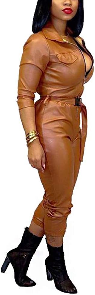Women PU Leather Long Sleeve Zip Up Collar Belted Bodycon Skinny Long Pants Jumpsuit Romper Clubwear