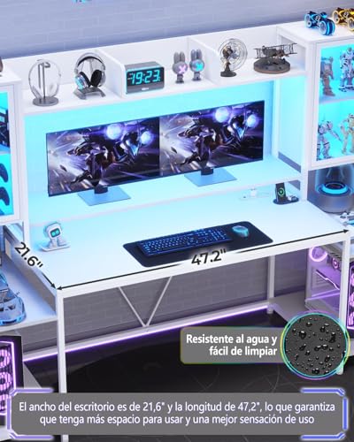 Escritorio gamer 190cm, escritorio para computadora con soporte para monitor, mesa para juegos con luces LED, mesa para PC con cajón y estantes de almacenamiento para dormitorio y sala de estar Blanco