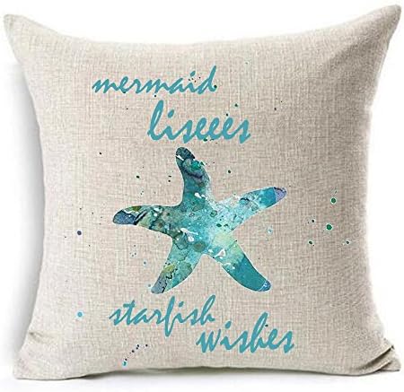 GAWEKIQE Beautiful Popular Teal and Blue Mermaid Hair Don't Care and Mermaid Kisses Starfish Wishes Cotton Linen Throw Pillow Cover Cushion Case Holiday Decorative 18"X18" inch (1)