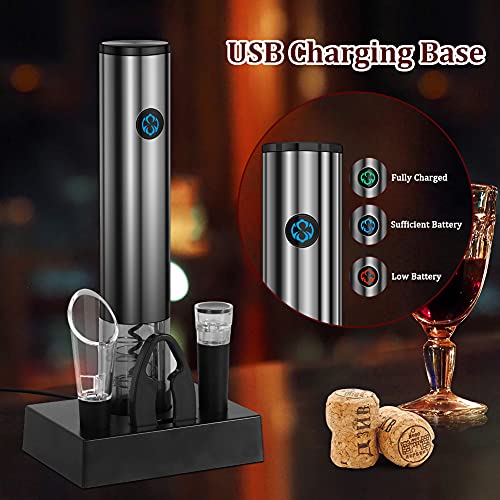 Delicacy Electric Wine Opener Set,Rechargeable Wine Opener Set with Charging Base,One-click Button Wine Bottle Corkscrew Opener with Wine Pourer, Vacuum Stopper and Foil Cutter (Batteries Included)