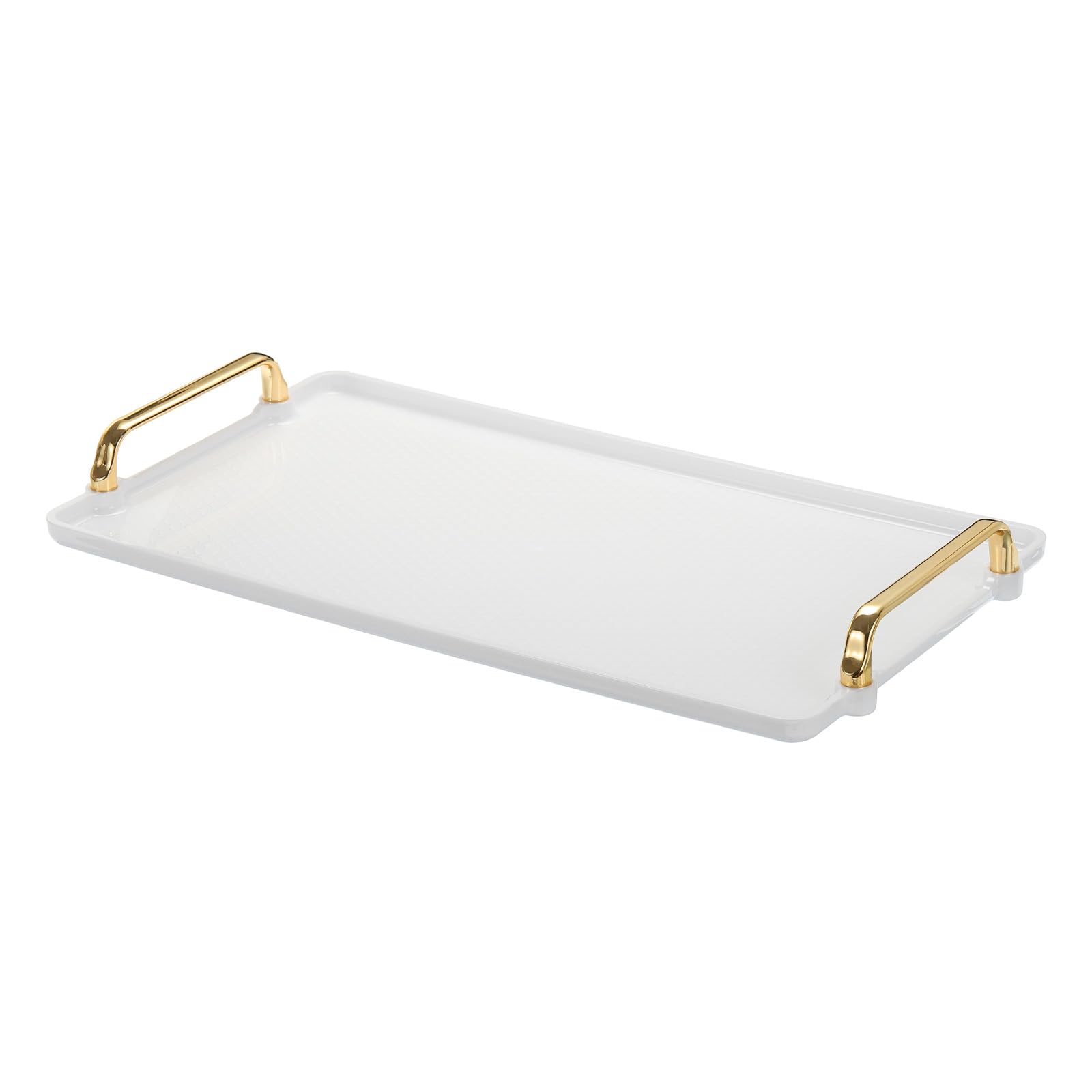 PATIKIL Plastic Serving Tray with Golden Handle, 16.1" x 8.7" Modern Rectangular Decorative Tray Reusable Jewelry Platter for Countertop Bathroom Kitchen, White