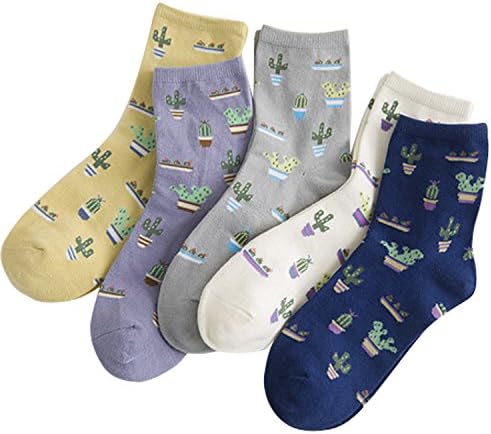 Girls Cacti Socks Casual Cute Cotton Socks Short Crew Socks ( 5 Pair Pack)( One Size)