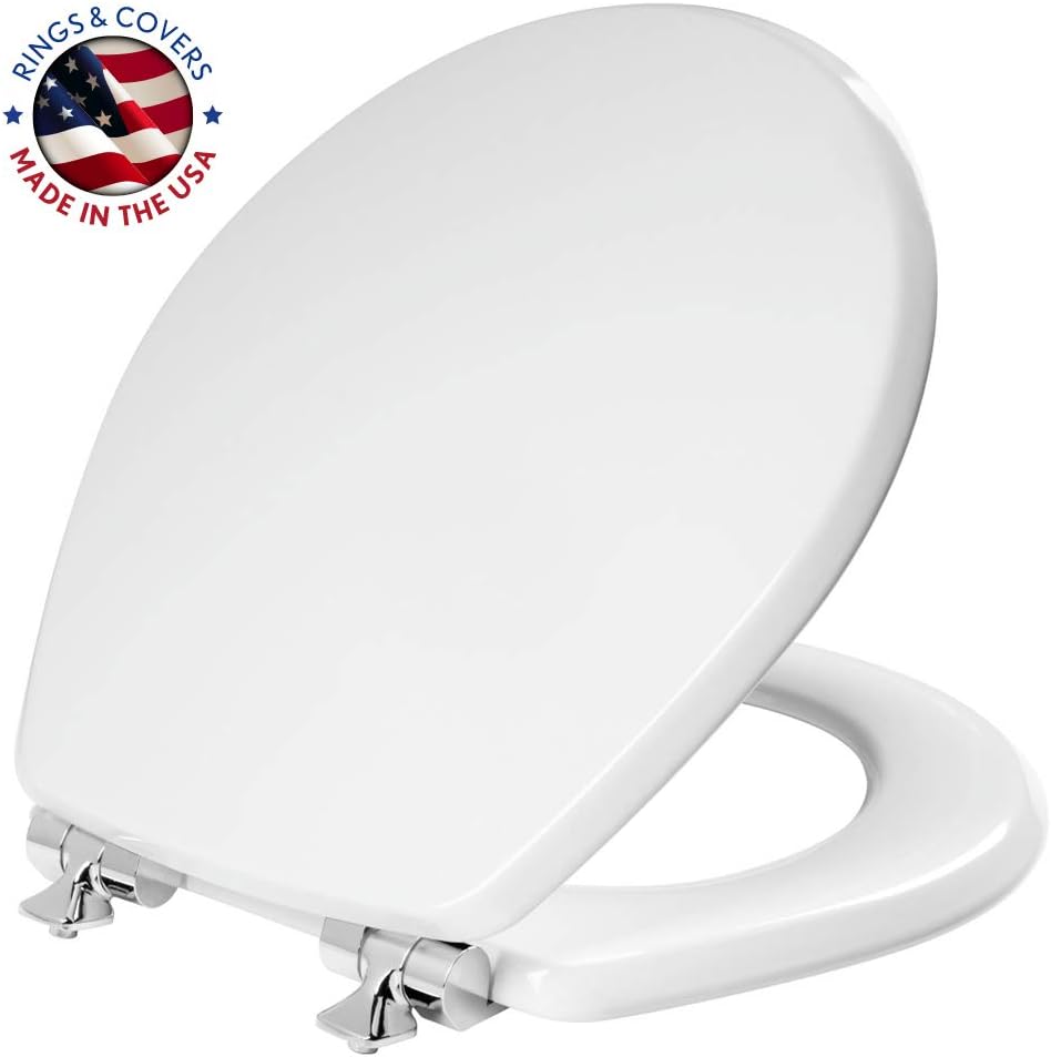 MAYFAIR 26CHSL 000 Benton Toilet Seat with Chrome Hinges will Slow Close and Never Come Loose, ROUND, Durable Enameled Wood, White
