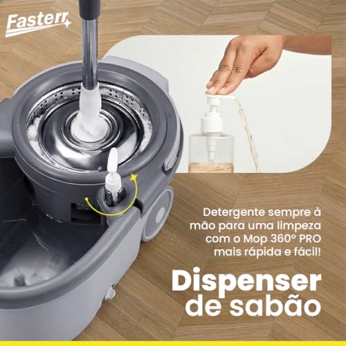 Mop Giratório 360º Fasterr FST104 Cesto em Inox 14L | Cabo Regulável até 160cm | Kit com Escova Abrasiva e Dispenser de Sabão | Limpeza Doméstica e Comercial