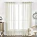 MISS SELECTEX Linen Look Pom Pom Tasseled Sheer Curtains - Rod Pocket Voile Semi-Sheer Curtains for Living and Bedroom, Set of 2 Curtain Panels (52 x 84 inch, Nature)