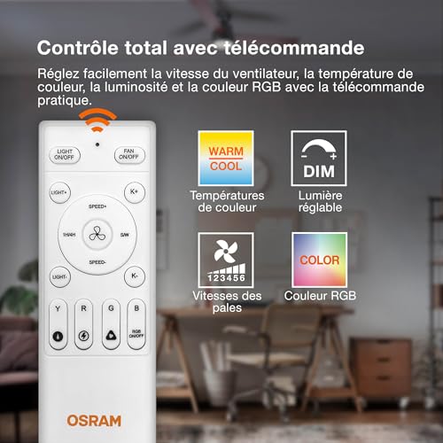 Osram Bayamo LED Ceiling Fan 590 mm, 58 W, 2530 Lumens, CCT 3000-6500 K, RGB, 110 Degree Beam Angle, 1935 m³/h Airflow, 50,000 Hour Lifetime, Dimmable, Remote Control