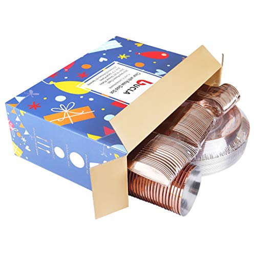 BUCLA-25guest-Rose-Gold-Plastic-Plates-with-Disposable-Plastic-Silverware9oz-Cups-Dot-Plastic-Dinnerware-include-25-Dinner-Plates-25-Salad-Plates-25-Forks-25-Knives-25-Spoons25Cups