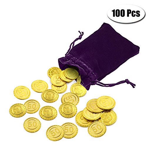 PartyYeah 100 Pcs Plastic Fake Gold Coins & 1 Pc Purple Drawstring Storage Bag for Kids Hunt Play Party Favors(Gold) (Gold)