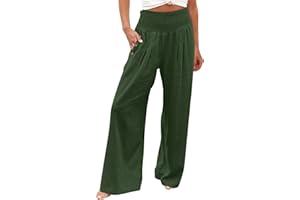 ZXCTKA Womens Linen Pants 2025 Summer Casual Wide Leg Palazzo Pants Loose Smocked High Waist Work Slack Flowy Beach Trousers