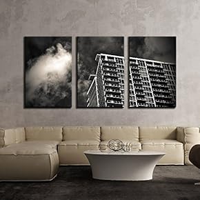 3 Piece Canvas Wall Art - Tall Building in Black and White - Modern Home Art Stretched and Framed Ready to Hang - 16"x24"x3 Panels