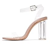 Clear Heels for Women- Stylish Ankle Strap Heels with Adjustable Buckle- Block Nude Heels for Women- 3.5-inch Open Toe Heel Sandals- Clear Heels with Genuine Leather Insole (Maria-2.A)