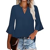 AKEWEI Women's 3/4 Length Bell Sleeve Tops V Neck Dressy Casual Shirts Ladies Loose Fit Blouses Tunic