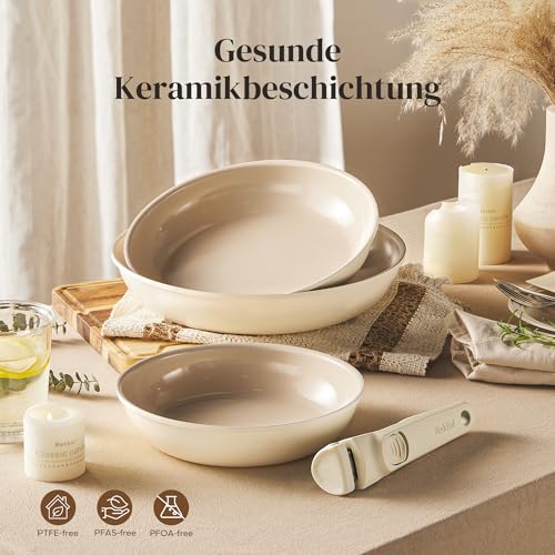 Redchef Pan Set with Removable Handle, Induction Pans, Ceramic Pan with Non-Stick Coating, 6-Piece 20, 24, 28 cm, Space-saving Ceramic Pans, PTFE, PFOA and PFAS-Free, Beige