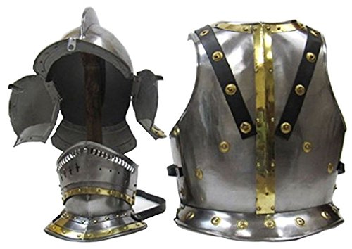 Bergonet Knight's Or Jousting Helmet and Chestplate in Steel W/ Brass Trim