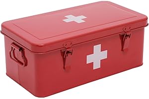 Xbopetda First Aid Medicine Box, First Aid Kit Supplies Bin, Metal Medicine Storage Tin, First Aid Empty Box with Safety Lock for Home Emergency Tool Set-Red