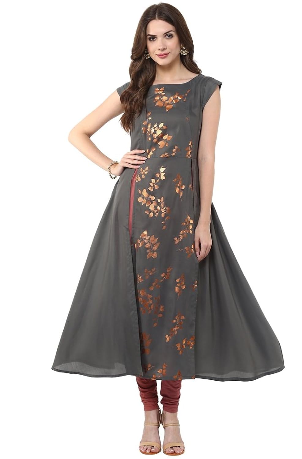 janasya women's grey anarkali casual crepe kurti