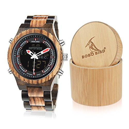 BOBO BIRD Wooden Watches Dual Display Quartz Watch for Men LED Digital Army Military Sport Wristwatch (Zebra Wood)