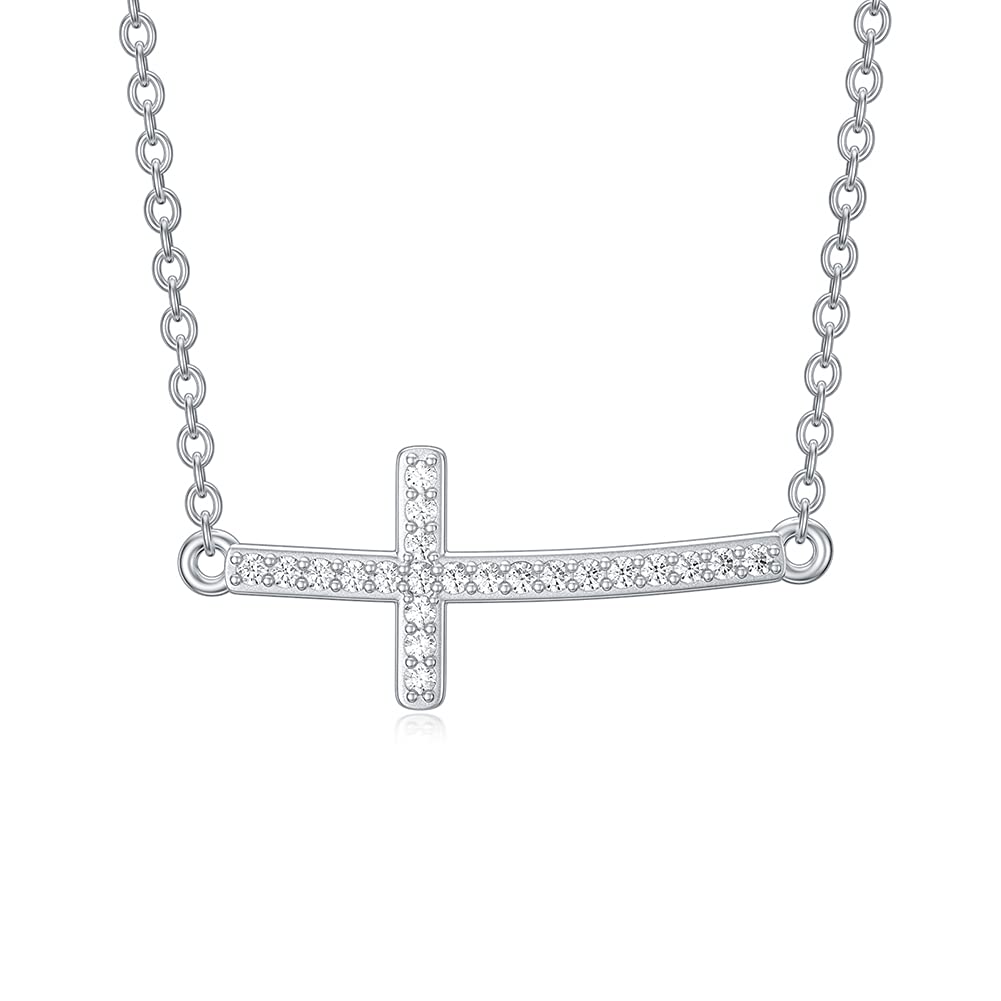 SISGEM Diamond Cross Necklace, S925 Sterling Silver 0.1dwt Nature Diamond Sideway Cross Necklace, for Mum Sister Friend Women Her, 46cm