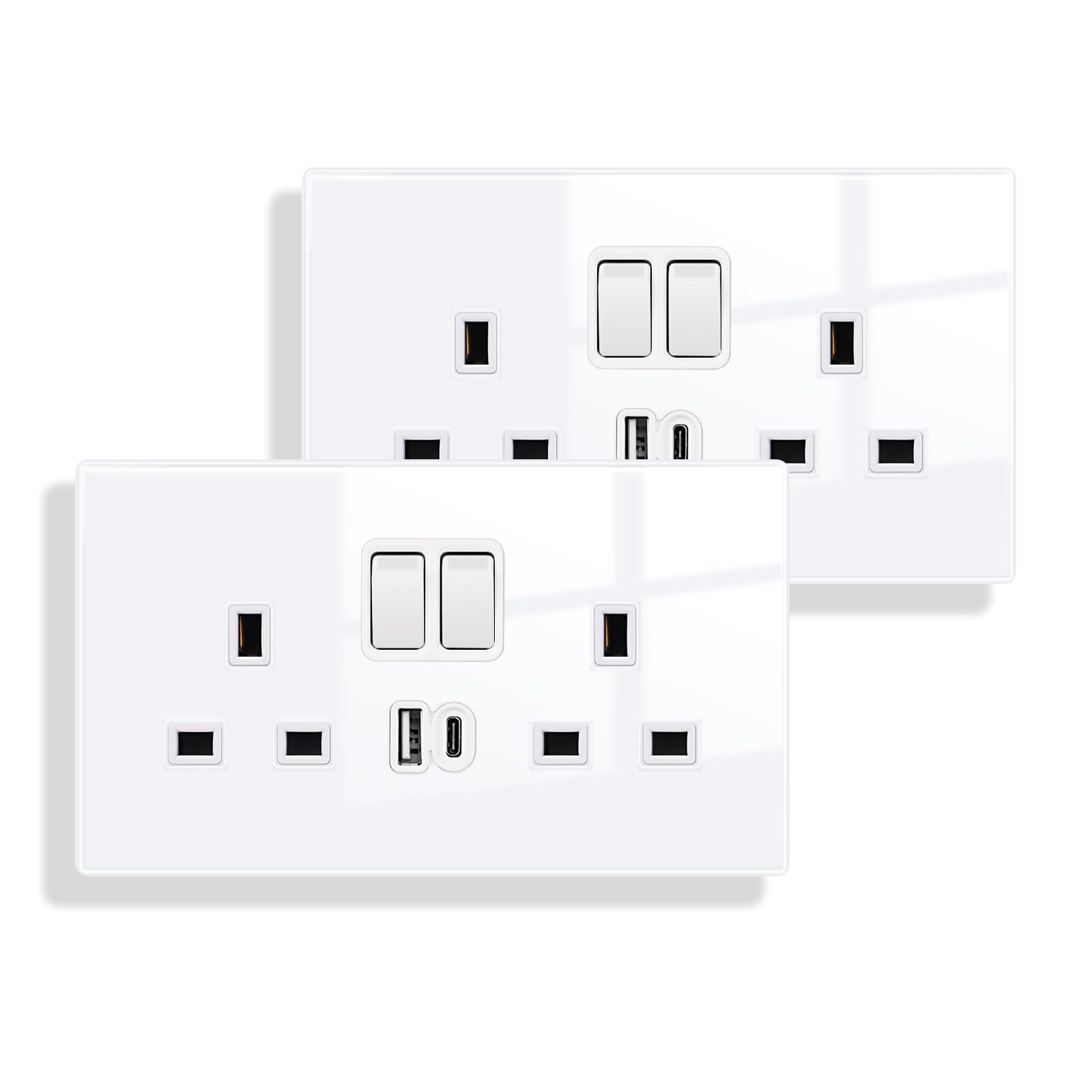 JIMEIDA 2 Pack Double Switched Socket White 20W Fast Charging 13 Amp with USB A and USB C Charging Ports Crystal Glass Panel Wall Outlet