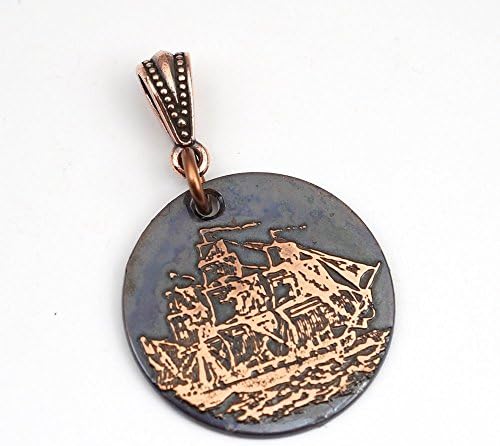 Sailing ship pendant, flat antiqued copper, metal etching, optional necklace, 25mm