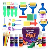 Glokers Early Learning Kids Paint Set, 28 Piece Mini Flower Sponge Paint Brushes. Assorted Painting Drawing Tools in a Clear Durable Storage Pouch. Including 6 Washable Kids Paint