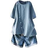 Minibee Women's Linen Blouse Tunic Short Sleeve Shirt Tops With Buttons Decoration