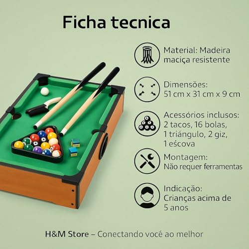 Mini Mesa de Bilhar Infantil Completa 51x31x9 cm com Tacos Bolas Triangulo Escovinha e Giz Mesa de Sinuca de Madeira Brinquedo Educativo Esportivo Infantil