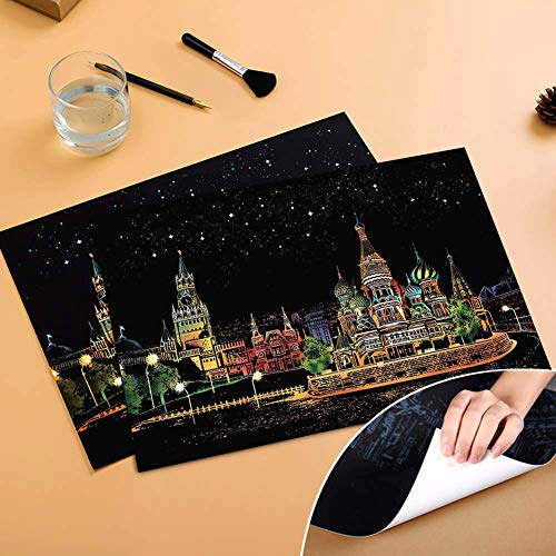 Scratch Art Paper Rainbow Painting Sketch Pad DIY Building View Scratchboard for Adults and Kids - 4 Packs, 16 X 11.2 Inches - Thumbnail 3