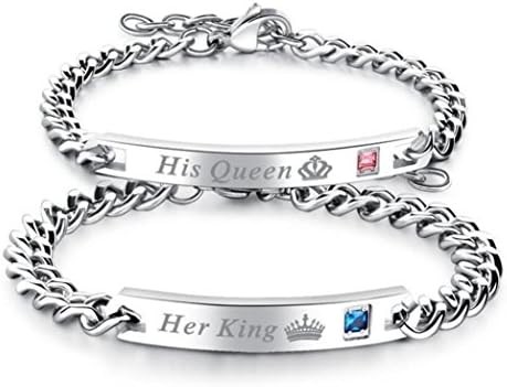 Mintik JewelryMen Women 2PCS His and Hers King Queen Crown Bracelets Stainless Steel Couples Valentine Christmas Curb Link Bracelet