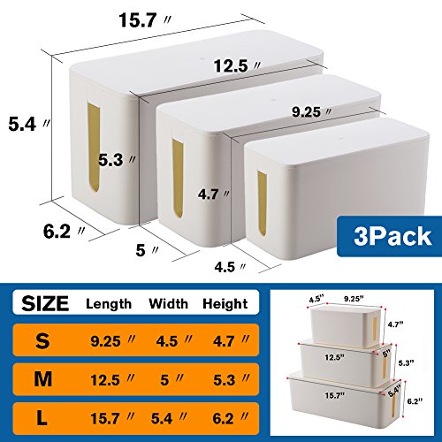 ShellKingdom Cable Management Box, 3 set Cable Organizer For Cable and Cord Management, Storage and Holder to Cover and Hide & Power Strips & Cords(White)