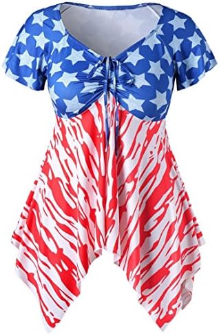 Nikuya Women Short Sleeve Blouse Pullover Tops Plus Size Flag Print Bandage Shirt (XL, Blue)